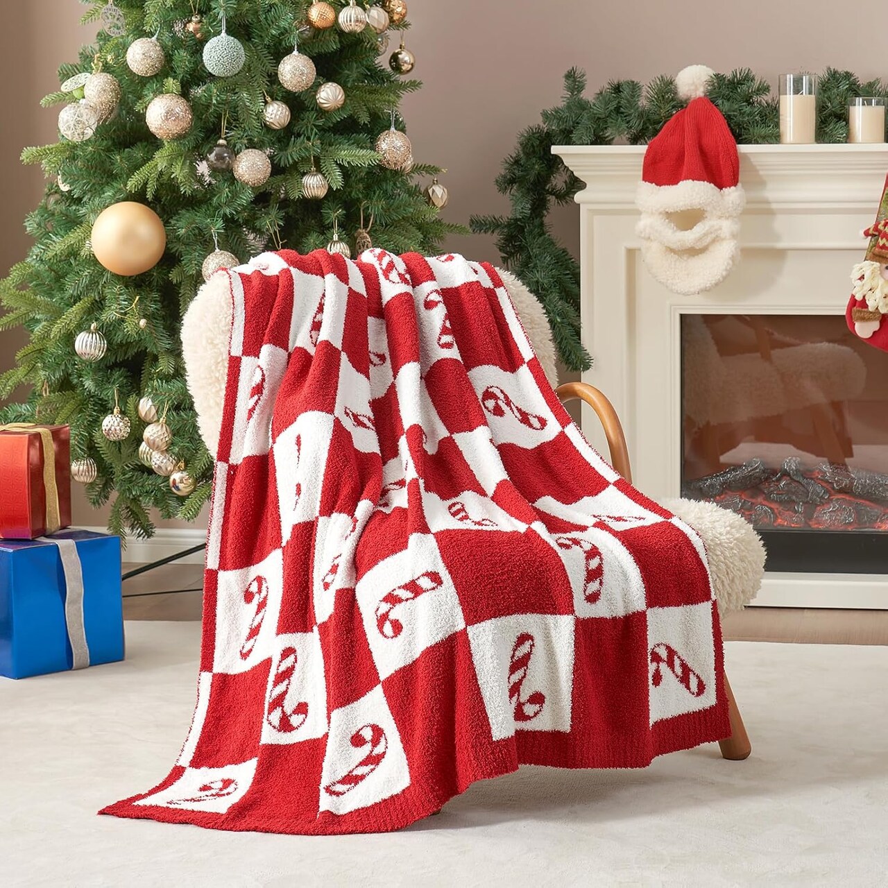 Candy Cane Throw Blanket Red Christmas Blanket 50x60 inches, Ultra Soft Cozy Decorative Throw Blanket for Couch, Sofa and Bed for Xmas
